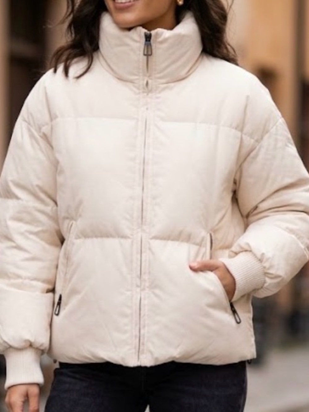 Zcsia Women's Cream Puffer Jacket with High Collar Size S